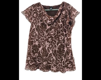 Vintage East 5th Brown Floral Chiffon Cowl Neck Top XL
