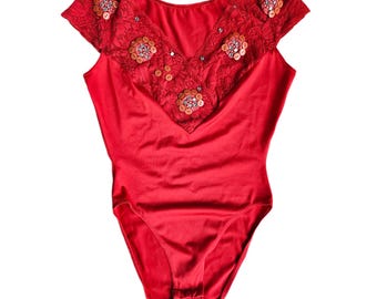 True Vintage 80s Cherry Red Rhinestone and Lace Bodysuit, Raver Festival, Size S/M