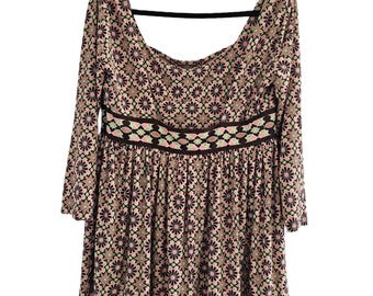 Vintage Y2K Babydoll Top Geometric Print Open Back London Times Size 12