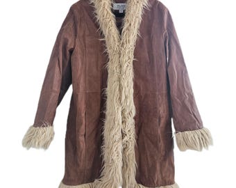 Vintage 90s Wilson's Brown Leather Penny Lane Coat Faux Fur Trim XL