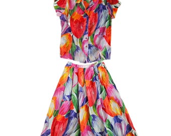 Vintage 70s Terry Chicago Floral Tulip Print Two Piece Set Size S (see measurements)