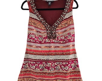 Top w stylu vintage z koralikami Y2K z dekoltem w serek INC International Concepts, top boho, rozmiar M