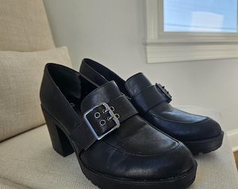 Vintage 90s Black Vegan Leather Chunky Mules with Buckle (Size US W 9)