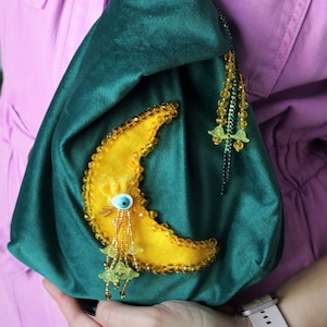 Beaded moon embroidered bag, velvet handbag with embroidery, hand embroidered mini bag, beaded plushy mini bag, evening bag, artsy bag