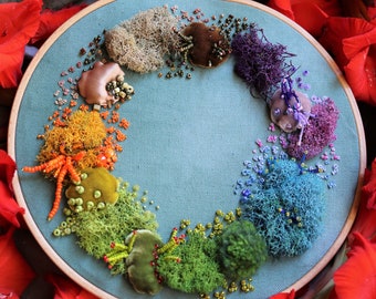 Rainbow moss embroidery art, abstract embroidery art, modern 3D embroidery, beaded hand embroidery artwork, textile art, rainbow art
