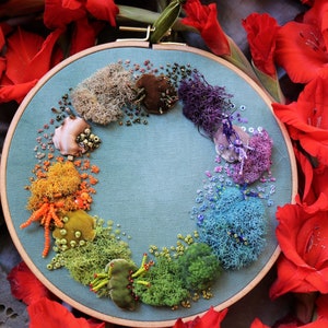 Rainbow moss embroidery art, abstract embroidery art, modern 3D embroidery, beaded hand embroidery artwork, textile art, rainbow art image 3