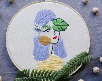 Mermaid embroidery art, boho embroidery art, monstera embroidery, modern embroidery, cute embroidery décor, embroidered portrait