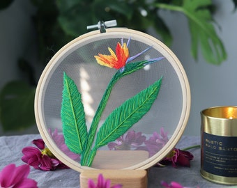 Bird of paradise embroidery on tulle, flower thread painting, tropical flower embroidery on tulle, botanical embroidery, floral embroidery