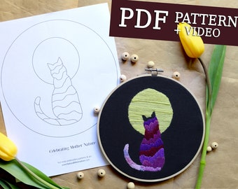 Cat embroidery pattern PDF download, modern embroidery pattern for beginners, Cat and moon embroidery pattern, cat embroidery tutorial,