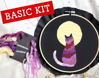 Embroidery KIT Cat and the Moon, beginner embroidery kit, stitching DIY kit, cat DIY embroidery art, modern embroidery kit, cat lover gift