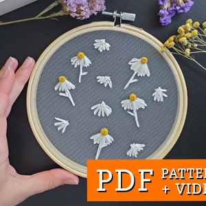 Sweet daisies embroidery pattern PDF download +video tutorial, botanical embroidery pattern for beginners, Floral stitching pattern
