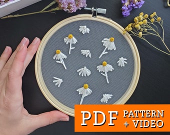 Sweet daisies embroidery pattern PDF download +video tutorial, botanical embroidery pattern for beginners, Floral stitching pattern