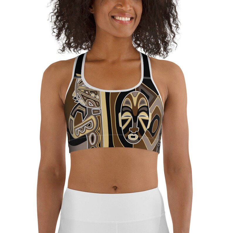 Friendly Miles African Art Print Brown Sports Bra