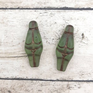 Rustic Tribal Goddess Venus of Willendorf Beads, Czech Glass in Transluscent Green 24x10mm, Ancient Fertility Goddess Beads, 2 pieces