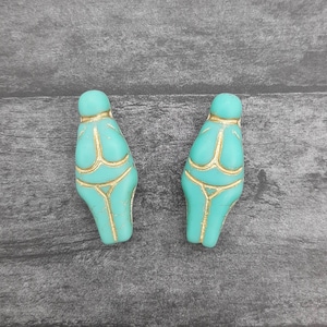 Rustic Tribal Goddess Venus of Willendorf Beads, Czech Glass in Bright Turquoise 24x10mm, Ancient Fertility Goddess Beads, 2 pieces