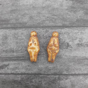 Rustic Tribal Goddess Venus of Willendorf Beads, Czech Glass in Picasso Ivory 24x10mm, Ancient Fertility Goddess Beads, 2 pieces