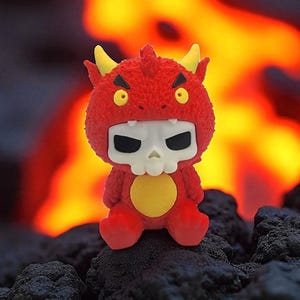 Puede incluir: Un juguete de peluche rojo con un disfraz de diablo, con cuernos amarillos y una cara con forma de calavera. Tiene un c&iacute;rculo amarillo en la barriga, sobre un fondo borroso de fuego y rocas oscuras.