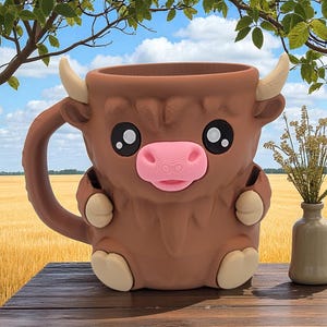 K&ouml;nnte beinhalten: Eine braune Keramiktasse in Form eines Cartoon-Bullen mit rosa Nase, schwarzen Augen und cremefarbenen H&ouml;rnern und Hufen. Die Tasse hat einen Henkel und steht auf einer Holzoberfl&auml;che.