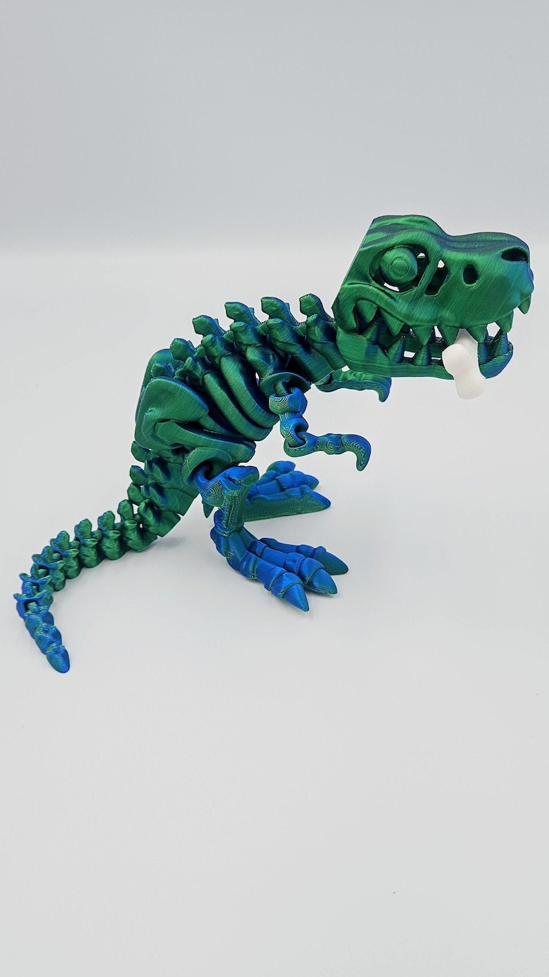 May include: A green and blue 3D printed dinosaur skeleton with a white tooth. The dinosaur is posed in a standing position with its mouth open.