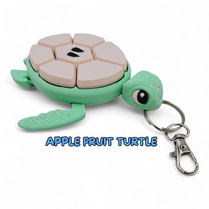 May include: A green and white turtle keychain with a removable shell. The shell is made of six pieces that fit together. The turtle has a black eye and a silver keychain ring.