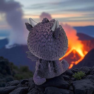 Puede incluir: Una figura de drag&oacute;n p&uacute;rpura con cuernos y alas plateadas, posada sobre una superficie rocosa. El fondo presenta una erupci&oacute;n volc&aacute;nica con llamas y humo anaranjados contra un cielo oscuro. El drag&oacute;n est&aacute; de espaldas.