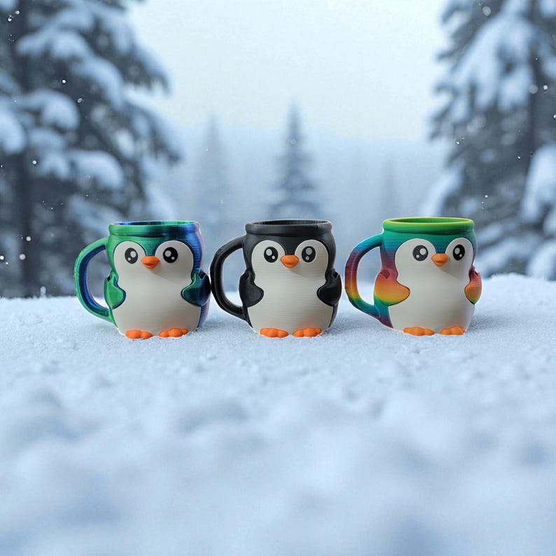 May include: Three ceramic penguin-shaped mugs with colorful handles and rims. The mugs are white with black and colorful accents, featuring orange feet and beady eyes. The mugs are set in a snowy environment with blurred trees in the background.