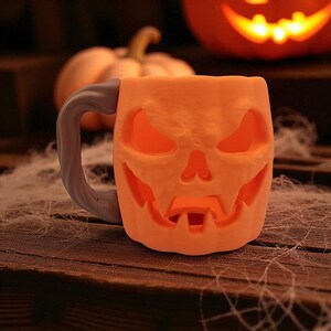Pode incluir: Caneca de cer&acirc;mica laranja esculpida com um rosto de ab&oacute;bora de Halloween, com uma al&ccedil;a cinza. A caneca &eacute; iluminada por dentro, criando um efeito brilhante. O fundo inclui uma ab&oacute;bora e teias de aranha, sugerindo um tema de Halloween.