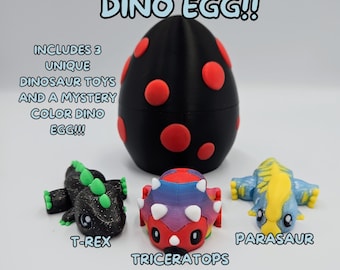Dinosaurier Ei mit 3x Dinosaurier Fidget Spielzeug - Triceratops, T-Rex, Parasaur - inklusive Mystery Ei mit Drehverschluss - Lernspielzeug