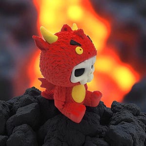 Puede incluir: Un juguete de peluche rojo con un disfraz de diablo con cuernos amarillos, una barriga amarilla y una cara de calavera. El juguete est&aacute; sentado en una pila de rocas de color gris oscuro, con un fondo naranja y amarillo llameante.