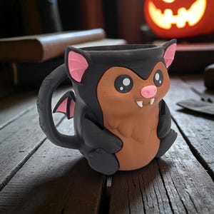 May include: A ceramic bat-shaped mug with a black exterior, brown belly, and pink accents on the ears and wings. The mug has a detailed cartoon design, perfect for Halloween or novelty gifts. The mug is sitting on a wooden surface.