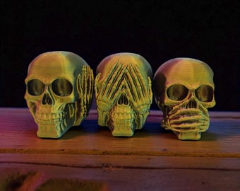 Set of 3 Skull Figurines – Hear No Evil, See No Evil, Speak No Evil – Halloween Shelf Decor – Spooky Gothic Skull Set