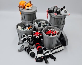 Trash Animals Articulating Fidget Toy - Includes Trash Can and Lid - Raccoon, Panda, Fox, Possum, Skunk - Collect Them All!! For All Ages