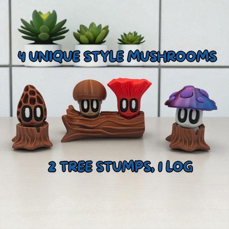 May include: Four unique mushroom figurines in various styles, including a brown morel, a brown mushroom on a log, a red mushroom, and a purple-topped mushroom. The figurines are set on a white surface with text that reads "4 UNIQUE STYLE MUSHROOMS" and "2 TREE STUMPS, 1 LOG".