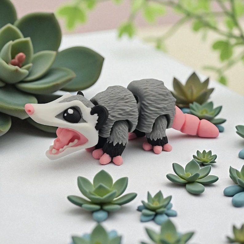 May include: A gray and white opossum figurine with a pink tail and open mouth, surrounded by green succulent plants. The opossum has black eyes and pink feet. The succulents are various sizes and shades of green.