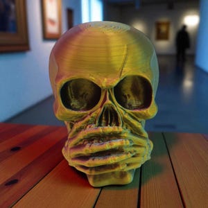 Op de afbeelding: Een goudgele schedelsculptuur met grote oogkassen en een gedetailleerd, getextureerd oppervlak. De schedel staat op een houten tafel, met een vage achtergrond die een kunstgalerij suggereert. Het ontwerp van de sculptuur is ingewikkeld.