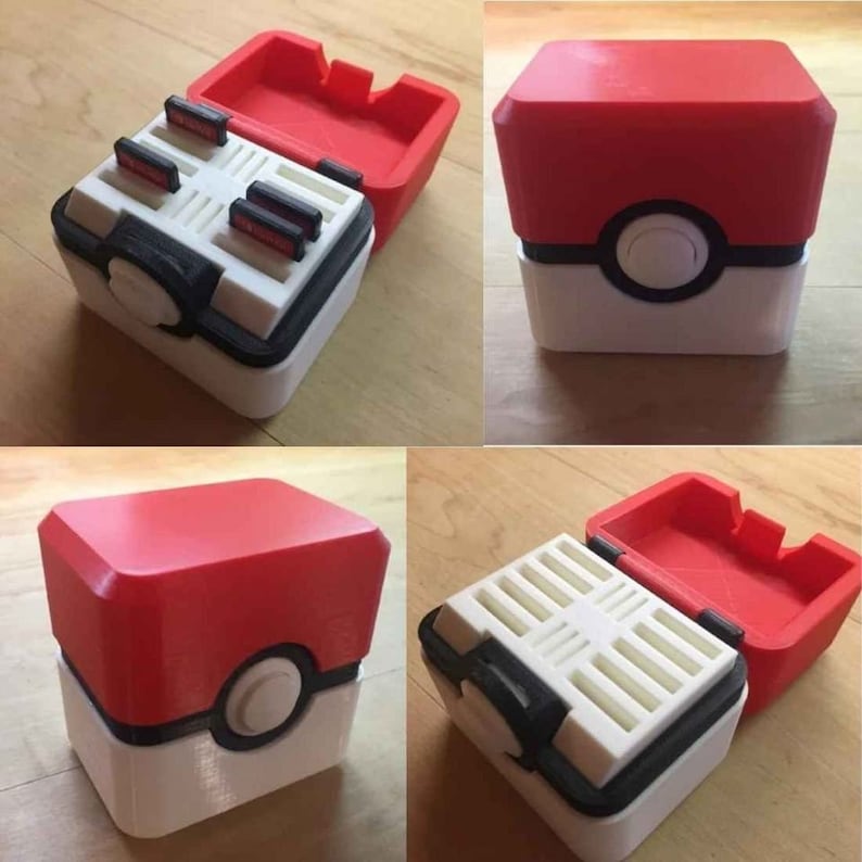 May include: A red and white 3D printed game cartridge storage case shaped like a Pokeball. The case is open to reveal a white interior with slots for game cartridges.