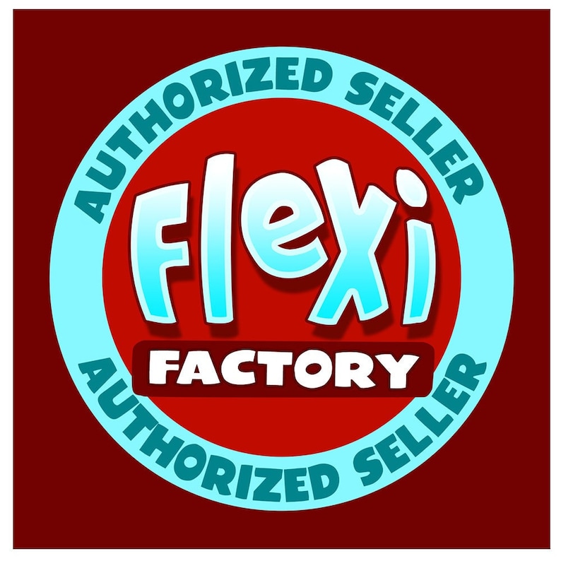 May include: A blue and white circle with the text "AUTHORIZED SELLER" in teal blue around the outside. Inside the circle is a red circle with the text "Flexi FACTORY" in white and the word "Flexi" in light blue with a white outline.