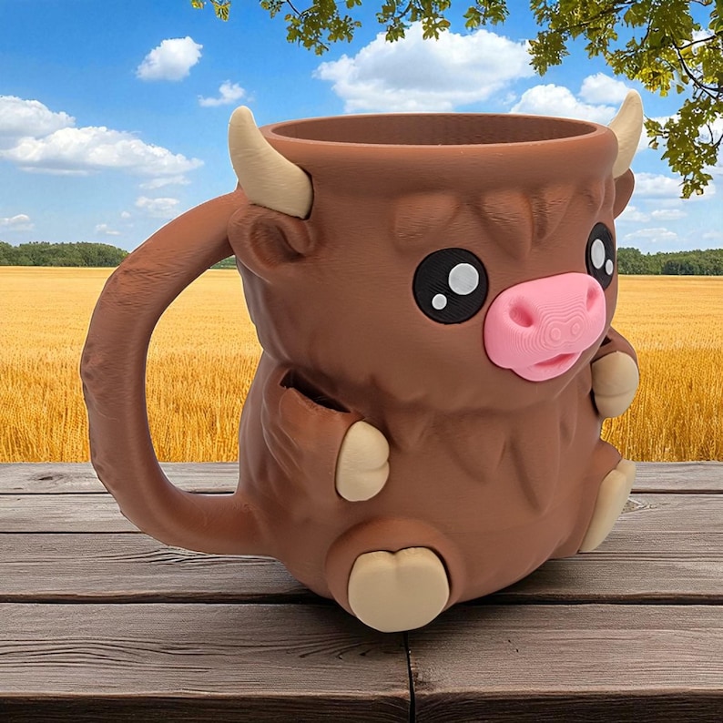 K&ouml;nnte beinhalten: Eine braune Keramiktasse in Form einer Highland-Kuh mit rosa Nase, cremefarbenen H&ouml;rnern und Hufen sowie gro&szlig;en schwarzen Augen. Die Tasse hat einen Henkel und steht auf einer Holzoberfl&auml;che, mit einem Feld und Himmel im Hintergrund.