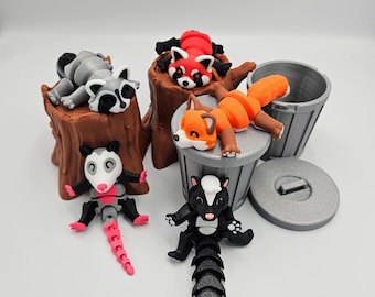 Trash Animals Articulating Fidget Toy - Includes Trash Can Tree Stump - Raccoon, Panda, Fox, Possum, Skunk - Collect Them All!! For All Ages