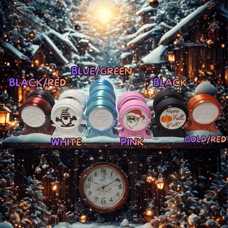 May include: A collection of decorative, barrel-shaped items in various colors, including black, red, white, blue, pink, and gold. Each item features a unique design or graphic, such as a gnome, Santa Claus, or a pumpkin with the text "Happy Fall Y'all!"