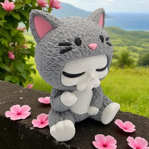 May include: A gray figurine of a cat wearing a cat-eared hood with pink inner ears. The figurine has a skull-like face and is sitting with its eyes closed. Pink flowers are scattered around the figurine.
