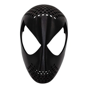 May include: Black mask with a spider-like design. The mask has large eye openings and a textured surface with small holes on the top and bottom. The mask is likely for cosplay or costume use.
