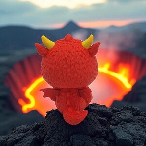 Puede incluir: Figura de drag&oacute;n rojo con cuernos amarillos y peque&ntilde;as alas, posada sobre una superficie oscura y texturizada. El fondo presenta un resplandor ardiente, similar a la lava, y monta&ntilde;as bajo un cielo oscuro. Coleccionable de tem&aacute;tica fant&aacute;stica.