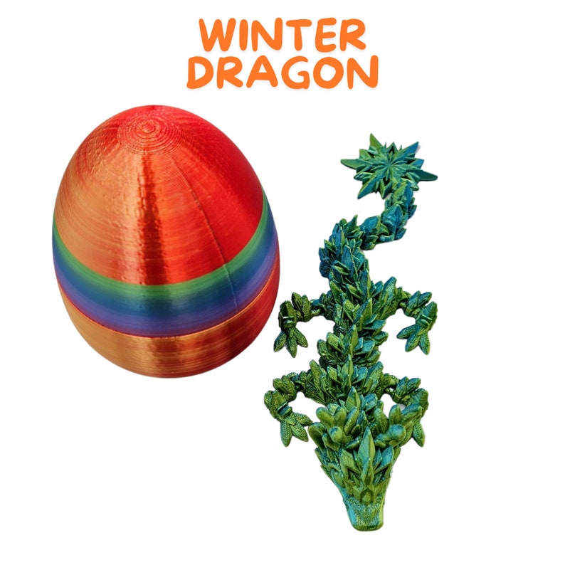 May include: A rainbow-colored egg with a green, leafy dragon figurine. The text "WINTER DRAGON" is written in orange above the egg.