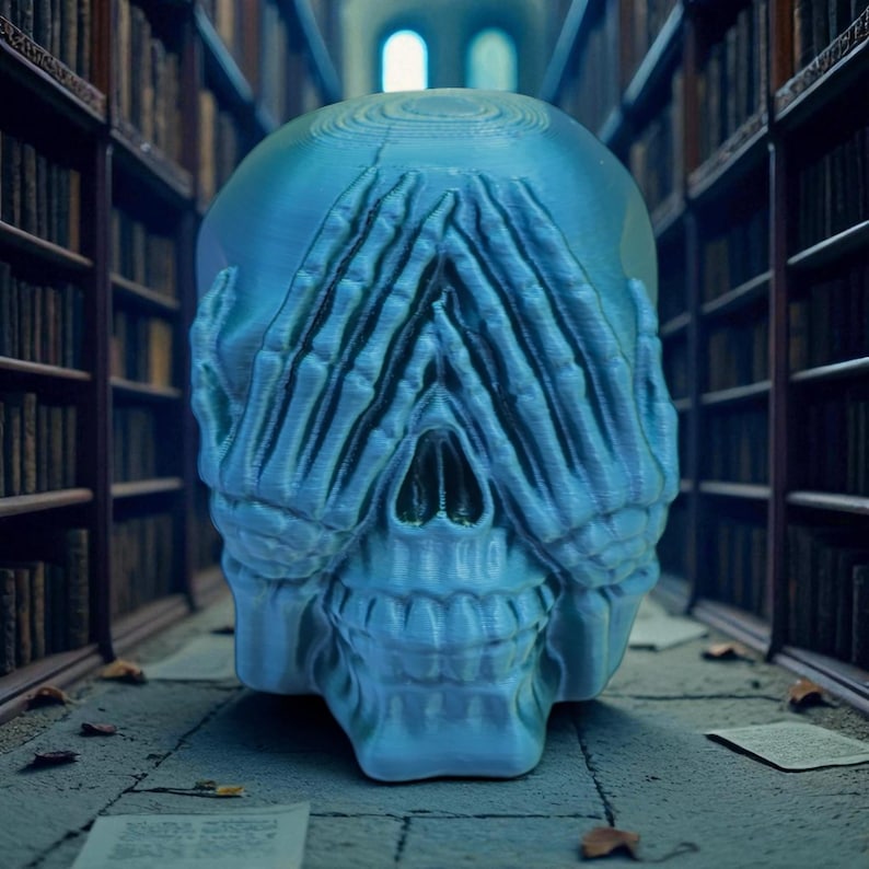 Op de afbeelding: Een blauwe schedelsculptuur met handen die de ogen bedekken, in een bibliotheek. De schedel heeft een gedetailleerde botstructuur en wordt verlicht door een zacht blauw licht. De achtergrond toont boekenkasten en verspreide bladeren.