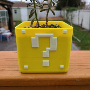 May include: A yellow 3D printed planter shaped like a question mark block from the Super Mario Bros. video game series. The planter has a small succulent plant growing inside.