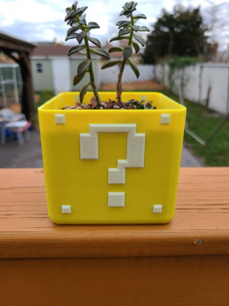May include: A yellow 3D printed planter shaped like a question mark block from the Super Mario Bros. video game series. The planter has a small succulent plant growing inside.