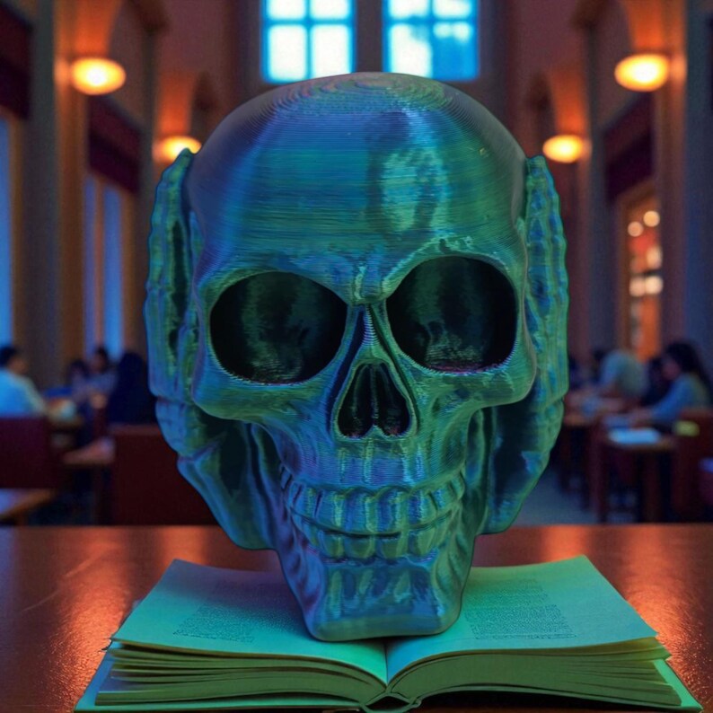 Op de afbeelding: Een 3D-geprinte schedel in blauwe en groene tinten rust op een open boek. De schedel toont gedetailleerde kenmerken zoals oogkassen, een neusholte en tanden. De achtergrond toont een zwak verlichte kamer met tafels en stoelen.
