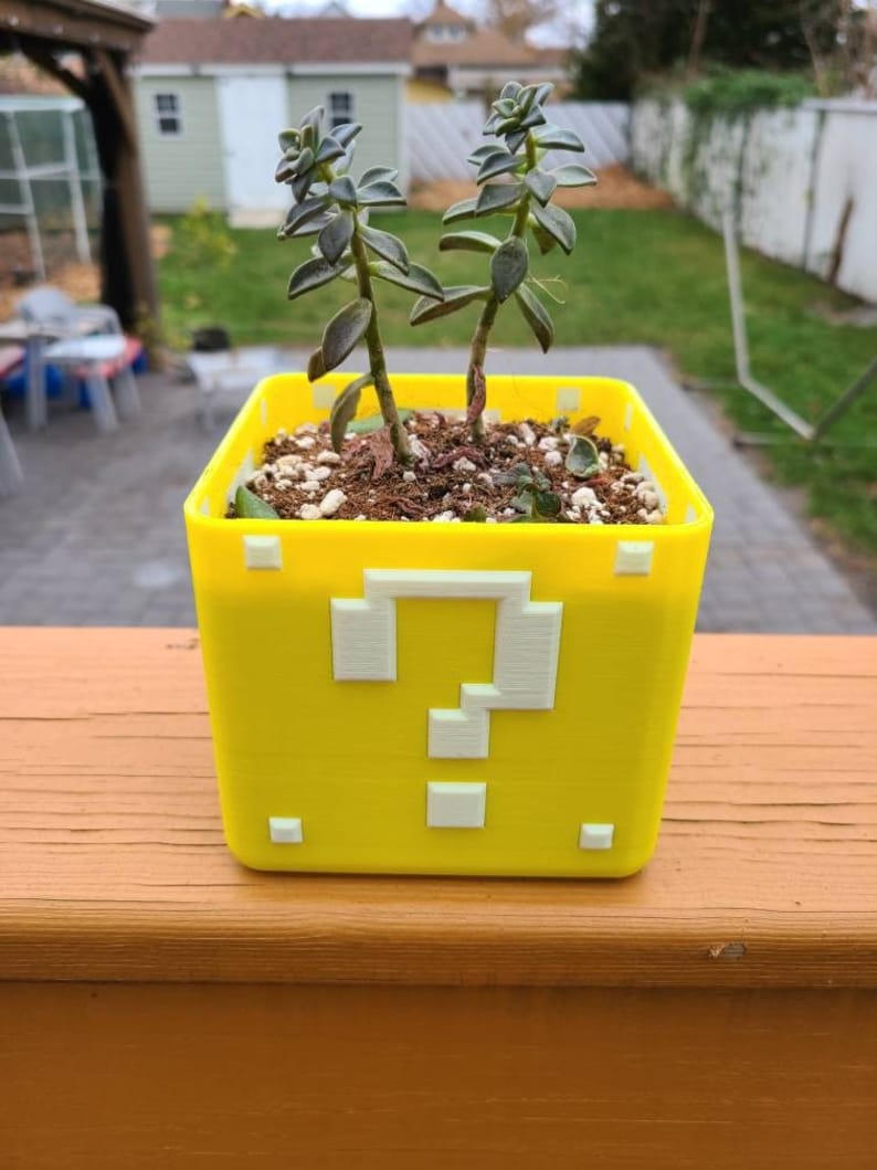 May include: A yellow, 3D printed planter shaped like a question mark block from the Super Mario Bros. video game. The planter has a small succulent plant growing inside.