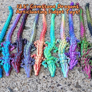May include: Ten 13.5 inch long articulated gemstone dragon fidget toys in a rainbow of colors. The dragons are made of a flexible plastic material and have a textured, scaly appearance.